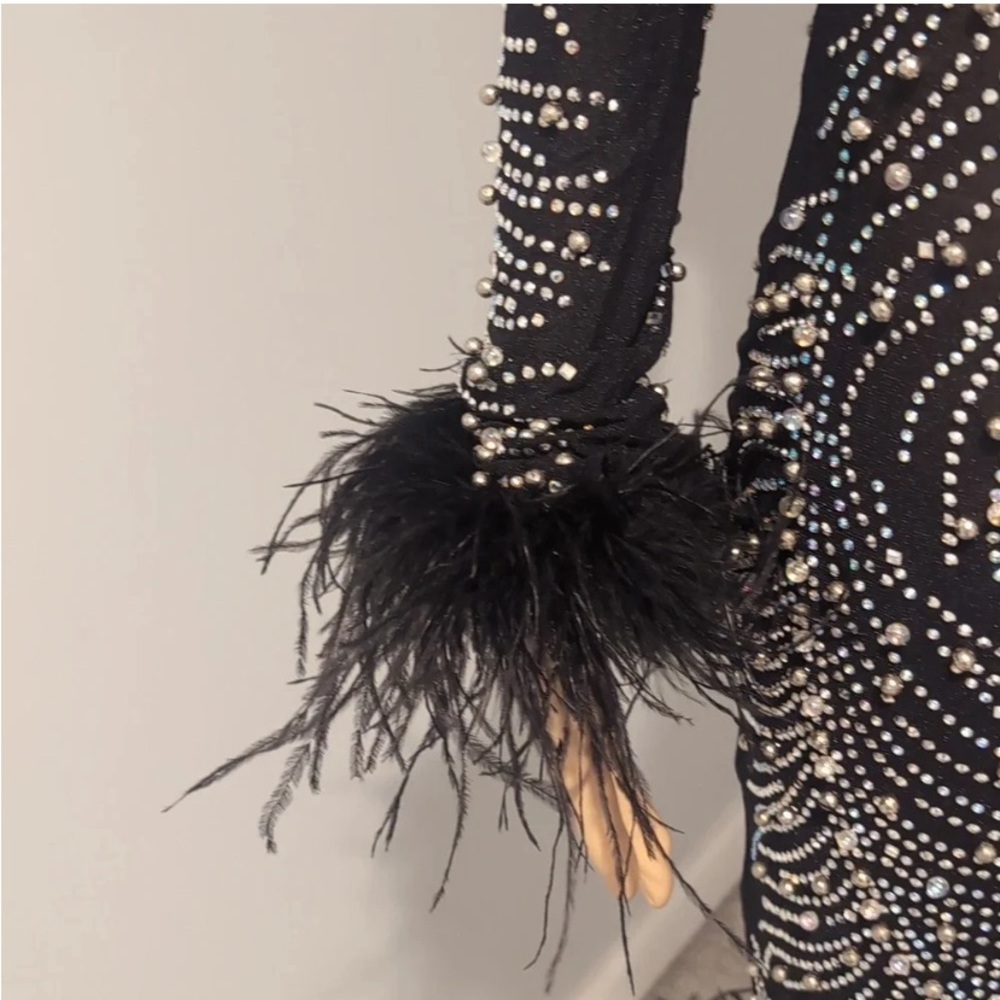 🔥 GORGEOUS BEADED SHEER BLACK LONG SLEEVE DRESS W/BLACK FEATHER TRIM~SM - Picture 7 of 17